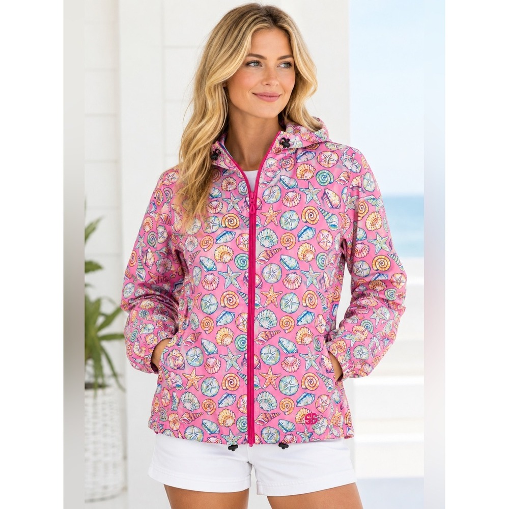 Simply Southern Women Small Pink Seashell Starfish Hooded Rain Jacket Coastal